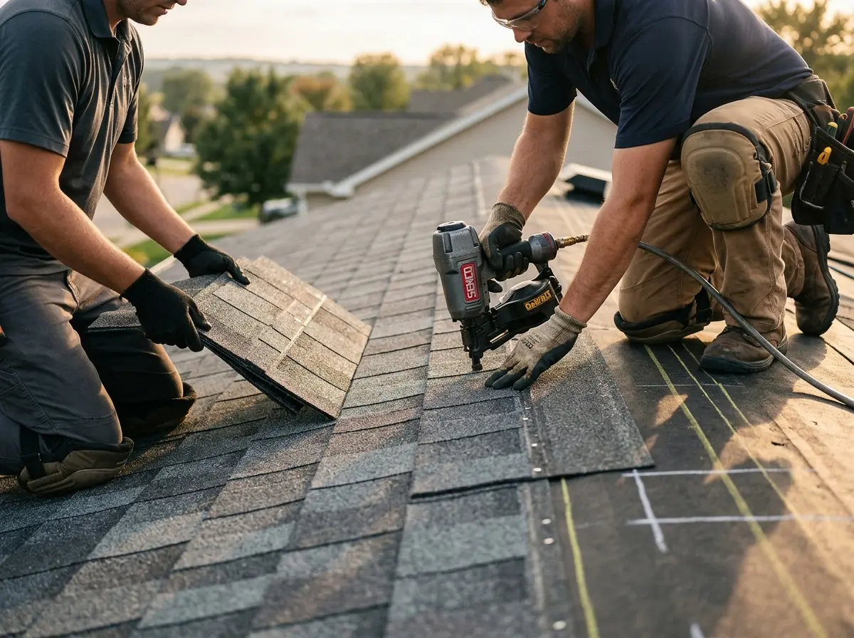 Professional roofer working on a residential roof in Wright